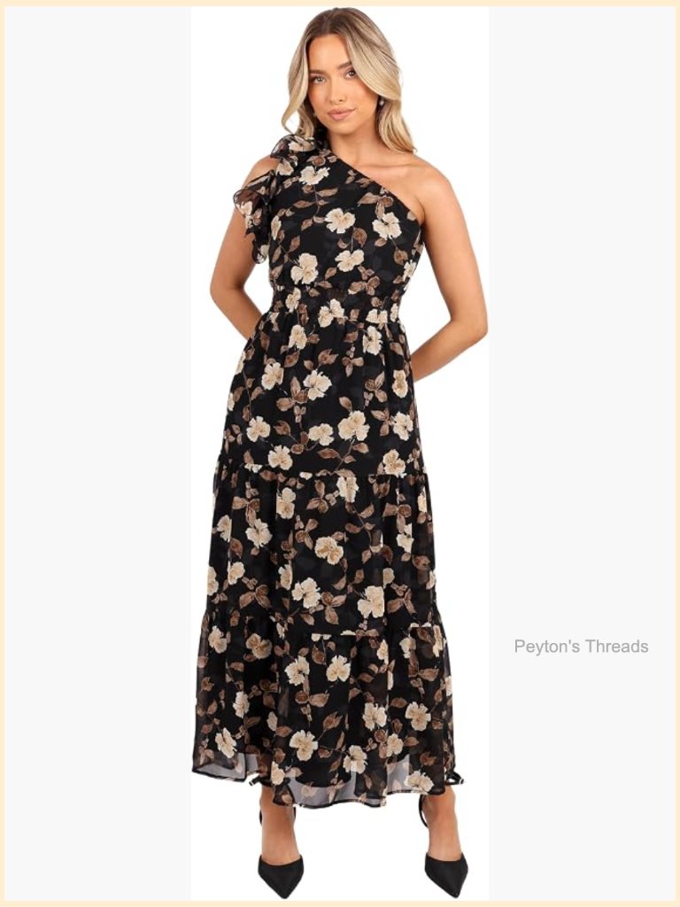 One Shoulder Maxi Dress Ruffle Sleeve Shirred Waist A-Line